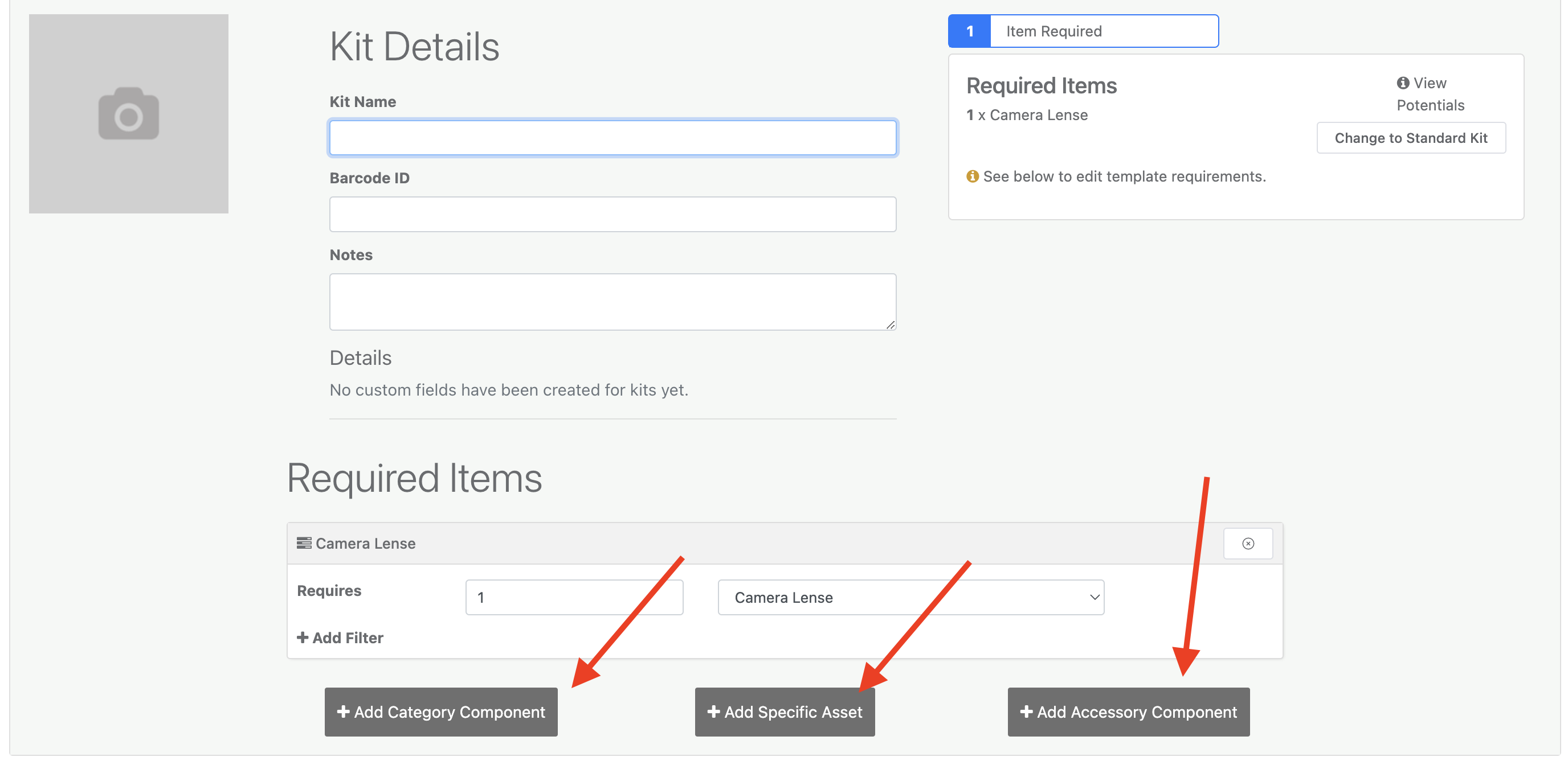 Three button options for kit template components.
